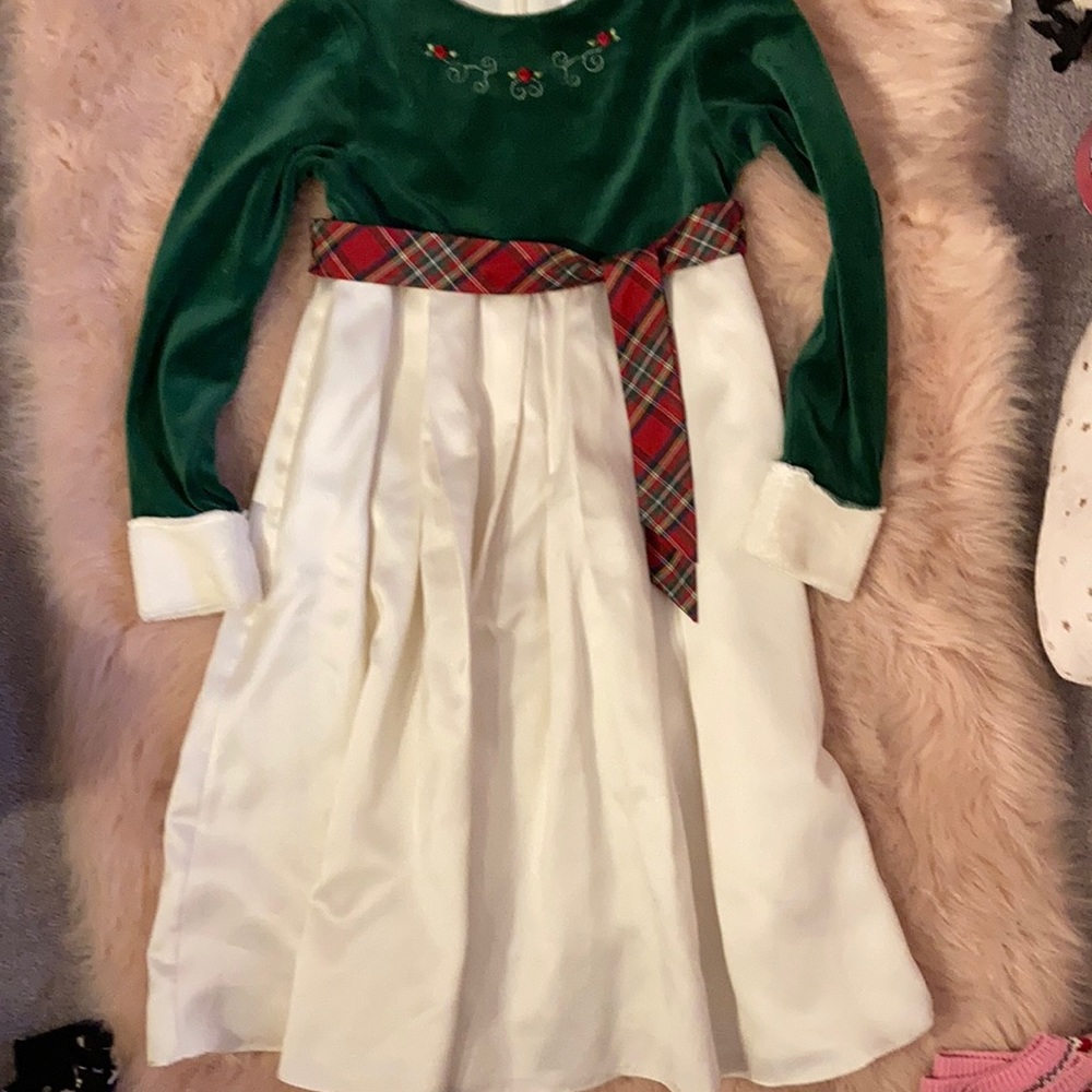 American Girl Green Velvet and White Satin Holiday Dress with Red Plaid Sash